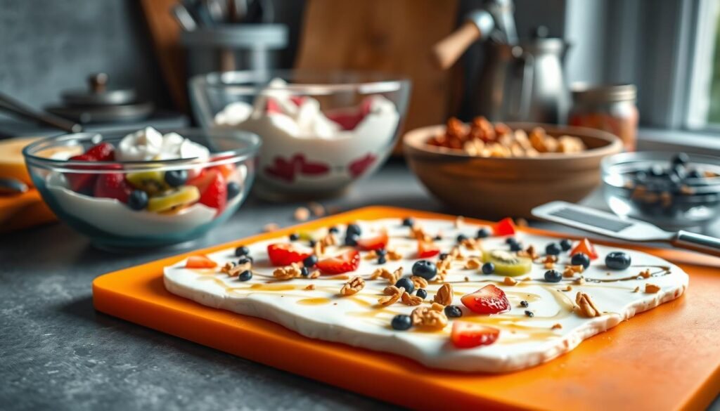 A beautifully arranged scene showcasing the steps to create delicious frozen yogurt bark. In the foreground, a vibrant cutting board features colorful layers of yogurt spread thinly, sprinkled with fresh fruits like strawberries, blueberries, and kiwi, alongside crunchy nuts and a drizzle of honey. The middle of the image contains mixing bowls filled with creamy yogurt and various toppings, with a spatula nearby. Soft, warm lighting illuminates the scene, creating a cozy kitchen atmosphere. The background shows blurred kitchen tools and a hint of a window, letting in natural light. The overall mood is inviting and wholesome, evoking the joy of making a healthy, satisfying snack. A beautifully arranged scene showcasing the steps to create delicious frozen yogurt bark. In the foreground, a vibrant cutting board features colorful layers of yogurt spread thinly, sprinkled with fresh fruits like strawberries, blueberries, and kiwi, alongside crunchy nuts and a drizzle of honey. The middle of the image contains mixing bowls filled with creamy yogurt and various toppings, with a spatula nearby. Soft, warm lighting illuminates the scene, creating a cozy kitchen atmosphere. The background shows blurred kitchen tools and a hint of a window, letting in natural light. The overall mood is inviting and wholesome, evoking the joy of making a healthy, satisfying snack.
