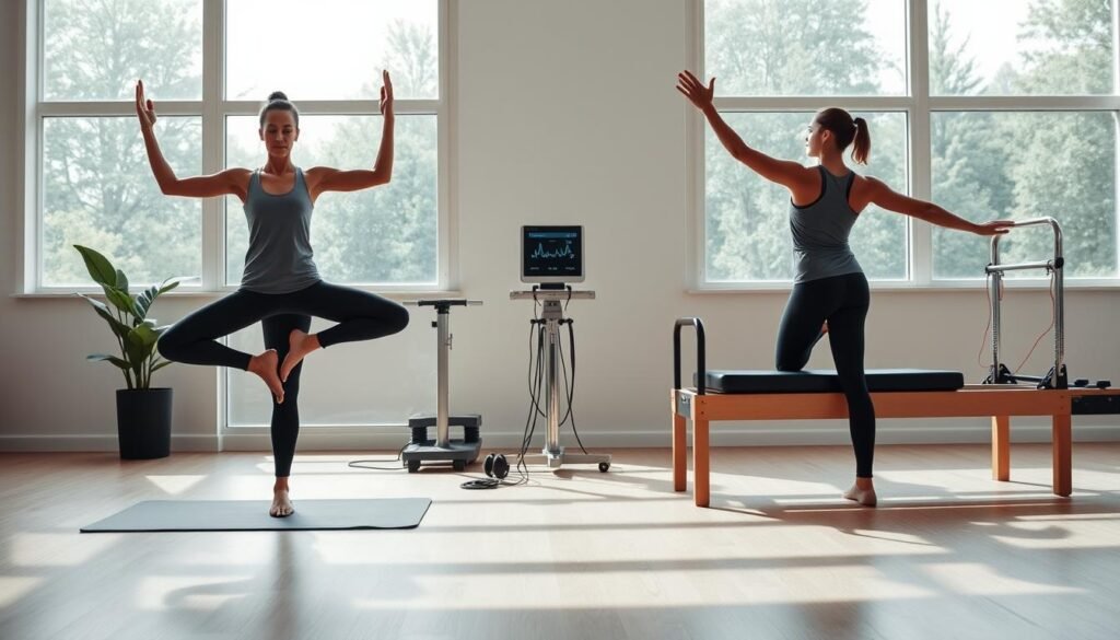 A dynamic scene illustrating a fitness studio where two individuals, one practicing yoga and the other performing Pilates, are engaged in core-strengthening exercises. In the foreground, the yoga practitioner is gracefully positioned in a tree pose, exuding calm, while the Pilates participant is actively engaged on a reformer, demonstrating concentration. Both individuals are dressed in professional, modest athletic wear, highlighting their focused postures. In the middle ground, an EMG (electromyography) machine is visible, with electrodes attached to the participants, capturing muscle activation in real-time. The background features a serene, well-lit studio with large windows allowing natural light to flood the space, enhancing the atmosphere of tranquility and focus. The image conveys a sense of professionalism and dedication to fitness, emphasizing the comparison of yoga and Pilates for core strength. A dynamic scene illustrating a fitness studio where two individuals, one practicing yoga and the other performing Pilates, are engaged in core-strengthening exercises. In the foreground, the yoga practitioner is gracefully positioned in a tree pose, exuding calm, while the Pilates participant is actively engaged on a reformer, demonstrating concentration. Both individuals are dressed in professional, modest athletic wear, highlighting their focused postures. In the middle ground, an EMG (electromyography) machine is visible, with electrodes attached to the participants, capturing muscle activation in real-time. The background features a serene, well-lit studio with large windows allowing natural light to flood the space, enhancing the atmosphere of tranquility and focus. The image conveys a sense of professionalism and dedication to fitness, emphasizing the comparison of yoga and Pilates for core strength.