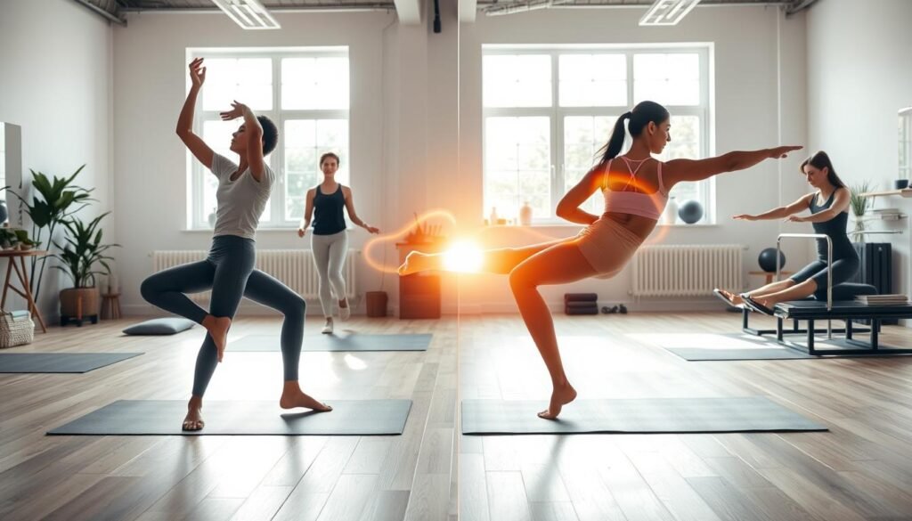 A dynamic split scene illustrating "muscle strengthening." In the foreground, a diverse group of individuals engaged in yoga and Pilates exercises that target core strength, portrayed in modest athletic wear. One person is transitioning into a yoga pose, showcasing balance and flexibility, while another is performing a Pilates move, emphasizing core engagement. The middle ground features a subtle representation of muscle activation, with glowing outlines around key muscle groups to illustrate EMG muscle activity. In the background, a serene fitness studio environment with soft natural lighting, large windows letting in sunlight, and calming decor. The atmosphere should feel motivational and encouraging, emphasizing the theme of strength and wellness through movement. Capture this from a slightly elevated angle to display both activities harmoniously. A dynamic split scene illustrating "muscle strengthening." In the foreground, a diverse group of individuals engaged in yoga and Pilates exercises that target core strength, portrayed in modest athletic wear. One person is transitioning into a yoga pose, showcasing balance and flexibility, while another is performing a Pilates move, emphasizing core engagement. The middle ground features a subtle representation of muscle activation, with glowing outlines around key muscle groups to illustrate EMG muscle activity. In the background, a serene fitness studio environment with soft natural lighting, large windows letting in sunlight, and calming decor. The atmosphere should feel motivational and encouraging, emphasizing the theme of strength and wellness through movement. Capture this from a slightly elevated angle to display both activities harmoniously.