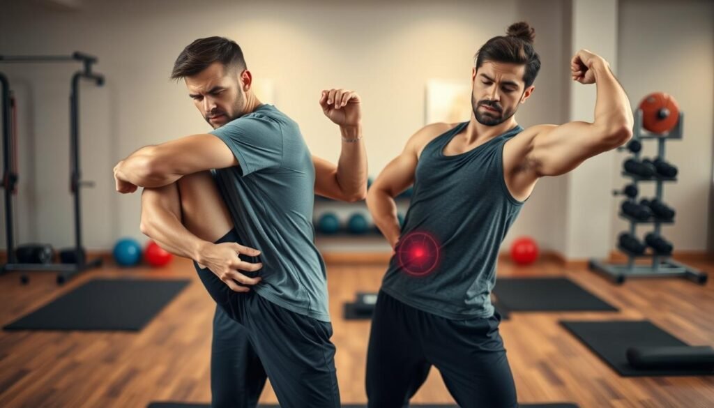 A gym setting with two individuals demonstrating incorrect stretching techniques, one showing excessive force while stretching a hamstring, and the other overextending a shoulder. In the foreground, focus on their strained expressions and body postures that indicate discomfort. In the middle, include gym mats and fitness equipment to provide context. In the background, soft ambient lighting creates a warm atmosphere, emphasizing a sense of urgency about proper stretching methods. The subjects are in modest athletic clothing, portraying a realistic and professional environment. Use a shallow depth of field to highlight the stretching mistakes while keeping the background slightly blurred, ensuring the focus remains on the actions. A gym setting with two individuals demonstrating incorrect stretching techniques, one showing excessive force while stretching a hamstring, and the other overextending a shoulder. In the foreground, focus on their strained expressions and body postures that indicate discomfort. In the middle, include gym mats and fitness equipment to provide context. In the background, soft ambient lighting creates a warm atmosphere, emphasizing a sense of urgency about proper stretching methods. The subjects are in modest athletic clothing, portraying a realistic and professional environment. Use a shallow depth of field to highlight the stretching mistakes while keeping the background slightly blurred, ensuring the focus remains on the actions.