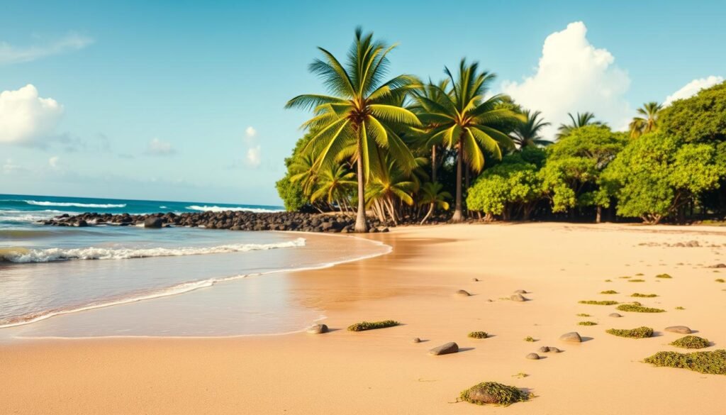 A serene and untouched natural beach in East Bali, featuring soft, golden sands stretching along the shoreline. In the foreground, gentle waves caress the beach, dotted with smooth pebbles and vibrant green seaweed. In the middle ground, lush tropical palm trees lean slightly over the water, providing patches of shade. The background reveals the clear turquoise ocean meeting a bright blue sky, with a few fluffy white clouds scattered across. The lighting is warm and inviting, reminiscent of a late afternoon sun, casting soft shadows and enhancing the vibrant colors. The atmosphere feels tranquil and peaceful, ideal for a retreat. Capture the scene from a slightly elevated angle that includes both the ocean and the inviting greenery, emphasizing the beauty of this hidden gem. A serene and untouched natural beach in East Bali, featuring soft, golden sands stretching along the shoreline. In the foreground, gentle waves caress the beach, dotted with smooth pebbles and vibrant green seaweed. In the middle ground, lush tropical palm trees lean slightly over the water, providing patches of shade. The background reveals the clear turquoise ocean meeting a bright blue sky, with a few fluffy white clouds scattered across. The lighting is warm and inviting, reminiscent of a late afternoon sun, casting soft shadows and enhancing the vibrant colors. The atmosphere feels tranquil and peaceful, ideal for a retreat. Capture the scene from a slightly elevated angle that includes both the ocean and the inviting greenery, emphasizing the beauty of this hidden gem.