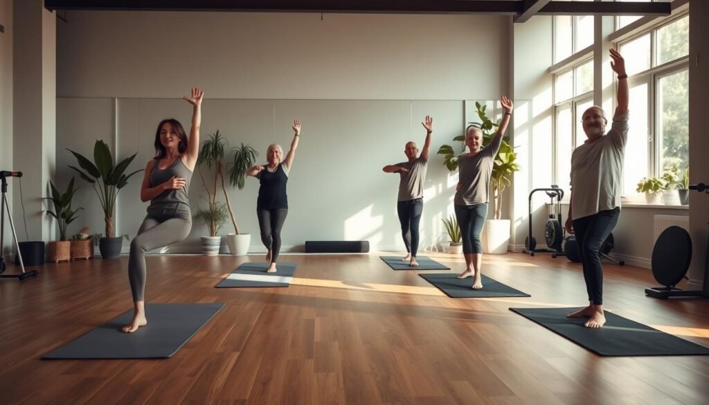 A serene indoor space designed for beginners practicing stretching exercises. In the foreground, a diverse group of three individuals, a young woman, a man, and an older adult, are engaged in various stretching techniques, dressed in comfortable and modest activewear. In the middle ground, a large mirror reflects their movements, and yoga mats are neatly arranged on a smooth wooden floor. Soft, natural light streams through large windows, creating a warm and inviting atmosphere. The background features plants and fitness equipment, emphasizing a health-conscious environment. The overall mood is focused and encouraging, perfect for illustrating correct stretching techniques for beginners. A serene indoor space designed for beginners practicing stretching exercises. In the foreground, a diverse group of three individuals, a young woman, a man, and an older adult, are engaged in various stretching techniques, dressed in comfortable and modest activewear. In the middle ground, a large mirror reflects their movements, and yoga mats are neatly arranged on a smooth wooden floor. Soft, natural light streams through large windows, creating a warm and inviting atmosphere. The background features plants and fitness equipment, emphasizing a health-conscious environment. The overall mood is focused and encouraging, perfect for illustrating correct stretching techniques for beginners.