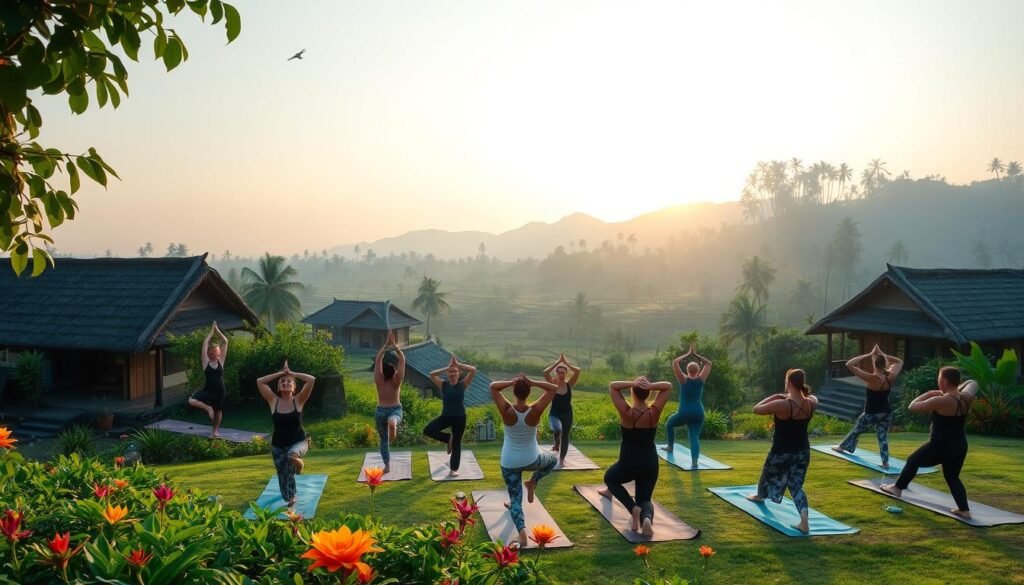 A serene traditional Balinese village scene in the northern region, capturing a tranquil yoga retreat. In the foreground, a diverse group of individuals in modest athletic wear practice yoga poses, surrounded by lush greenery and vibrant tropical flowers. The middle ground features traditional Balinese huts with thatched roofs, blending harmoniously into the landscape. In the background, gently rolling hills and rice terraces stretch under a soft, golden sunrise, casting warm light over the scene. The atmosphere is peaceful and meditative, with birds gently chirping and a slight breeze rustling the leaves. The image should evoke a sense of harmony with nature and the essence of traditional Balinese culture. Focus on soft natural lighting, using a wide-angle lens to capture the beauty and tranquility of this retreat setting. A serene traditional Balinese village scene in the northern region, capturing a tranquil yoga retreat. In the foreground, a diverse group of individuals in modest athletic wear practice yoga poses, surrounded by lush greenery and vibrant tropical flowers. The middle ground features traditional Balinese huts with thatched roofs, blending harmoniously into the landscape. In the background, gently rolling hills and rice terraces stretch under a soft, golden sunrise, casting warm light over the scene. The atmosphere is peaceful and meditative, with birds gently chirping and a slight breeze rustling the leaves. The image should evoke a sense of harmony with nature and the essence of traditional Balinese culture. Focus on soft natural lighting, using a wide-angle lens to capture the beauty and tranquility of this retreat setting.