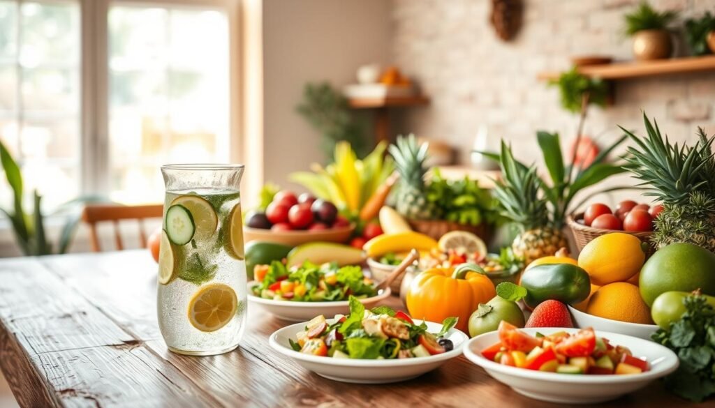 A vibrant and colorful display of a healthy eating table, featuring a variety of fresh fruits, vegetables, whole grains, and lean proteins arranged artfully on a rustic wooden table. In the foreground, include a clear glass pitcher of infused water with slices of lemon, cucumber, and mint to evoke freshness. In the middle ground, show neatly garnished plates with colorful salads and wholesome dishes, highlighting the diversity of a balanced diet. In the background, soft, natural lighting filters through a large window, casting a warm glow over the scene, creating an inviting atmosphere. The setting should inspire a sense of well-being and motivate viewers towards a preventive health approach through nutrition. The overall mood of the image is uplifting and energizing. A vibrant and colorful display of a healthy eating table, featuring a variety of fresh fruits, vegetables, whole grains, and lean proteins arranged artfully on a rustic wooden table. In the foreground, include a clear glass pitcher of infused water with slices of lemon, cucumber, and mint to evoke freshness. In the middle ground, show neatly garnished plates with colorful salads and wholesome dishes, highlighting the diversity of a balanced diet. In the background, soft, natural lighting filters through a large window, casting a warm glow over the scene, creating an inviting atmosphere. The setting should inspire a sense of well-being and motivate viewers towards a preventive health approach through nutrition. The overall mood of the image is uplifting and energizing.