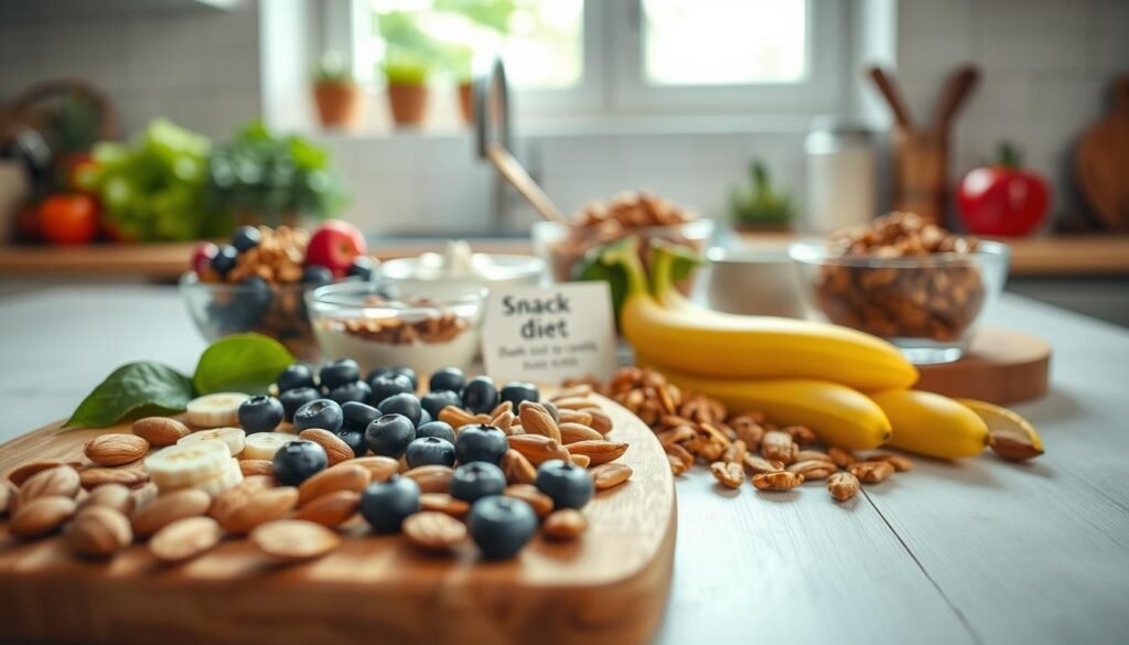 A vibrant kitchen setting with fresh, colorful ingredients, showcasing a variety of healthy snack options like sliced fruits, nuts, and dark chocolate. In the foreground, a wooden cutting board displays neatly arranged almonds, blueberries, and banana slices, emphasizing the 'snack diet' theme. The middle ground features bowls filled with yogurt and granola, alongside a small recipe card hinting at dessert-like flavors. The background is softly blurred, revealing a bright window allowing natural light to flood the scene, creating a warm and inviting atmosphere. The overall mood is cheerful and health-conscious, emphasizing a balance between taste and nutrition, ideal for a nighttime snack. The composition is shot at eye level with a gentle depth of field. A vibrant kitchen setting with fresh, colorful ingredients, showcasing a variety of healthy snack options like sliced fruits, nuts, and dark chocolate. In the foreground, a wooden cutting board displays neatly arranged almonds, blueberries, and banana slices, emphasizing the 'snack diet' theme. The middle ground features bowls filled with yogurt and granola, alongside a small recipe card hinting at dessert-like flavors. The background is softly blurred, revealing a bright window allowing natural light to flood the scene, creating a warm and inviting atmosphere. The overall mood is cheerful and health-conscious, emphasizing a balance between taste and nutrition, ideal for a nighttime snack. The composition is shot at eye level with a gentle depth of field.