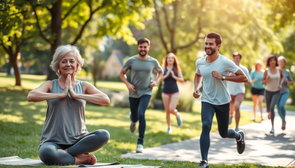 A vibrant scene showcasing diverse individuals engaged in various physical activities for disease prevention. In the foreground, a middle-aged woman practices yoga on a mat, embodying tranquility and focus, while a young man runs along a park path, displaying energy and vitality. In the middle ground, a small group performs aerobics together, smiling and encouraging one another, promoting a sense of community. The background features a lush park with trees and sunlight filtering through, creating a warm and inviting atmosphere. Use bright, natural lighting to enhance the lively mood, with a slightly elevated angle to capture the dynamic movement of the activities and the joy of staying active. A vibrant scene showcasing diverse individuals engaged in various physical activities for disease prevention. In the foreground, a middle-aged woman practices yoga on a mat, embodying tranquility and focus, while a young man runs along a park path, displaying energy and vitality. In the middle ground, a small group performs aerobics together, smiling and encouraging one another, promoting a sense of community. The background features a lush park with trees and sunlight filtering through, creating a warm and inviting atmosphere. Use bright, natural lighting to enhance the lively mood, with a slightly elevated angle to capture the dynamic movement of the activities and the joy of staying active.