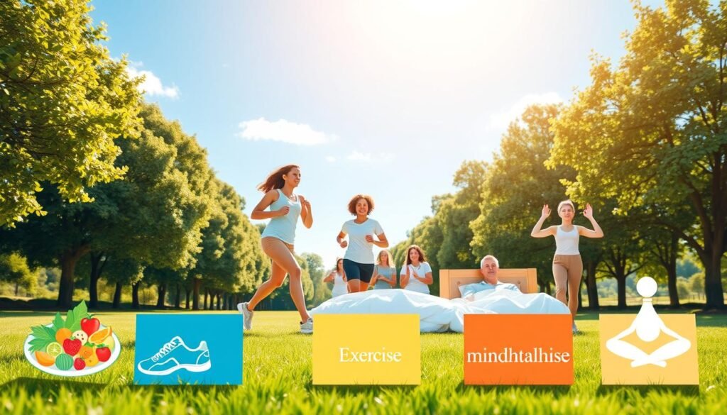 A harmonious composition depicting the five basic principles of a healthy lifestyle. In the foreground, illustrate five colorful, symbolic icons representing each principle: nutrition (a vibrant plate of fruits and vegetables), exercise (a pair of running shoes), hydration (a water bottle), sleep (a peaceful bed), and mindfulness (a calming meditation pose). The middle ground features a diverse group of individuals in modest casual clothing, engaging in activities like jogging, practicing yoga, and preparing healthy meals, all exuding enthusiasm and positivity. In the background, create a serene park scene with lush greenery and clear blue skies, bathed in warm, golden sunlight to evoke a cheerful and uplifting atmosphere. The overall mood is inspiring and motivational, encouraging viewers to embrace a healthier lifestyle. A harmonious composition depicting the five basic principles of a healthy lifestyle. In the foreground, illustrate five colorful, symbolic icons representing each principle: nutrition (a vibrant plate of fruits and vegetables), exercise (a pair of running shoes), hydration (a water bottle), sleep (a peaceful bed), and mindfulness (a calming meditation pose). The middle ground features a diverse group of individuals in modest casual clothing, engaging in activities like jogging, practicing yoga, and preparing healthy meals, all exuding enthusiasm and positivity. In the background, create a serene park scene with lush greenery and clear blue skies, bathed in warm, golden sunlight to evoke a cheerful and uplifting atmosphere. The overall mood is inspiring and motivational, encouraging viewers to embrace a healthier lifestyle.