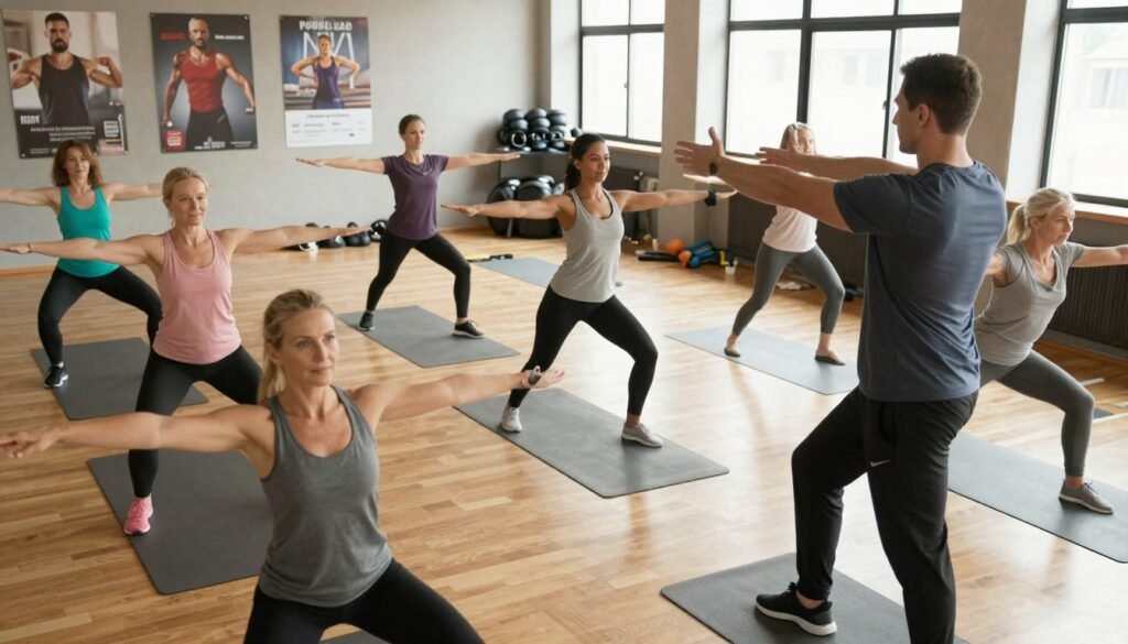 A well-organized fitness workshop scene showcasing a diverse group of individuals engaged in a fitness program. In the foreground, a professional instructor demonstrates a proper stretching technique to a small group of attentive participants dressed in modest athletic wear. The middle layer features additional participants practicing various exercises with correct form, emphasizing teamwork and instruction. In the background, motivational posters and fitness equipment are visible, creating an enriching atmosphere. Soft, natural lighting illuminates the space, casting gentle shadows that add depth. The scene captures a sense of focus and determination, highlighting the importance of proper execution in fitness programs, free from distractions or clutter. The overall mood is motivating and supportive, exemplifying a positive learning environment. A well-organized fitness workshop scene showcasing a diverse group of individuals engaged in a fitness program. In the foreground, a professional instructor demonstrates a proper stretching technique to a small group of attentive participants dressed in modest athletic wear. The middle layer features additional participants practicing various exercises with correct form, emphasizing teamwork and instruction. In the background, motivational posters and fitness equipment are visible, creating an enriching atmosphere. Soft, natural lighting illuminates the space, casting gentle shadows that add depth. The scene captures a sense of focus and determination, highlighting the importance of proper execution in fitness programs, free from distractions or clutter. The overall mood is motivating and supportive, exemplifying a positive learning environment.